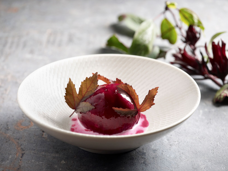 Raspberry-pickled beetroot, barley, black sesame, ricotta, fried oniones, beetroot gazpacho, Hibiscus leaves